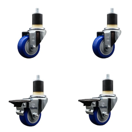 Service Caster 3'' Blue Poly Wheel Swivel 1-7/8'' Expanding Stem Caster Set 2 Brakes, 4PK SCC-EX20S314-PPUB-BLUE-2-PLB-2-178